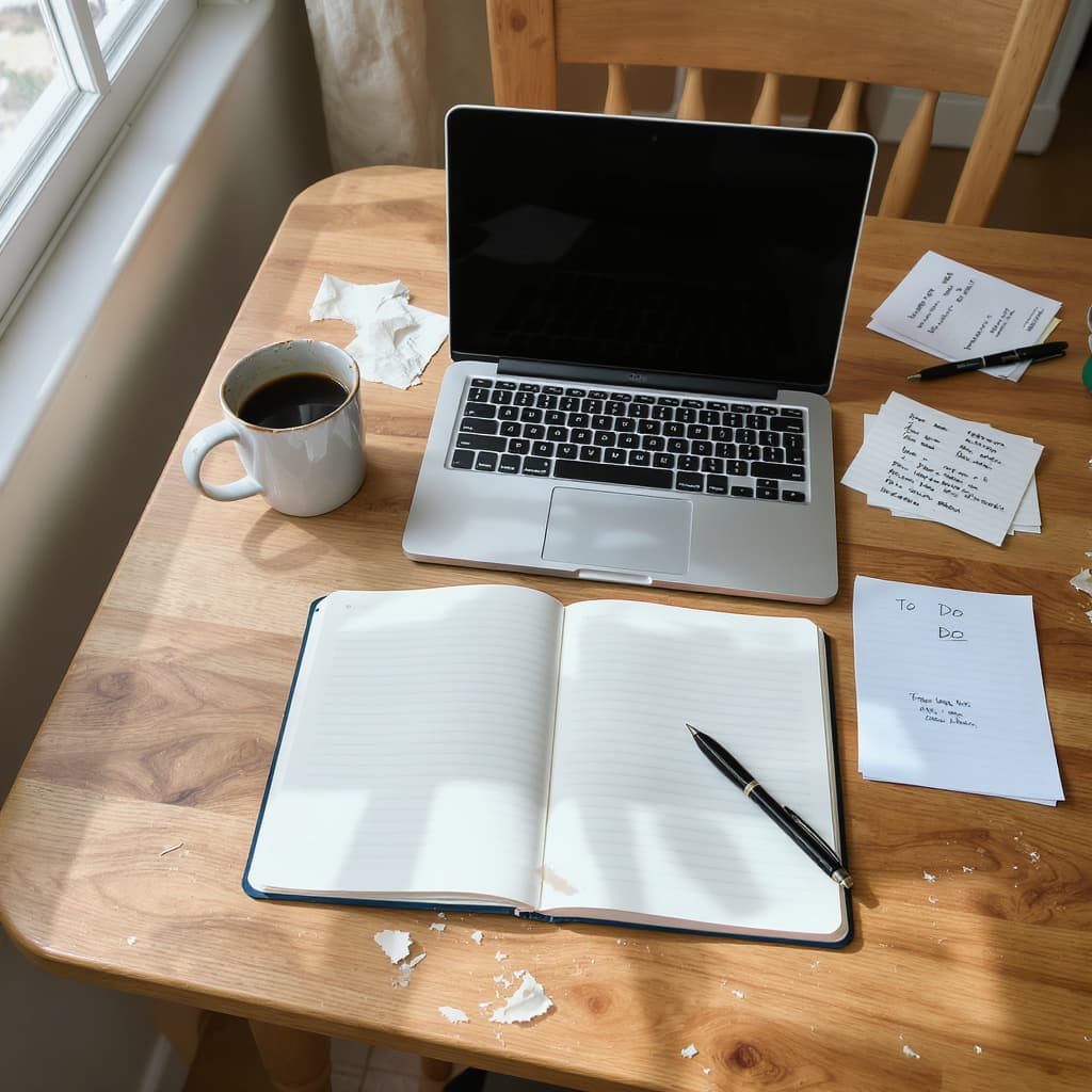 A kitchen-table workspace at breakfast time, with a laptop on an open notebook and a half-finished coffee mug.