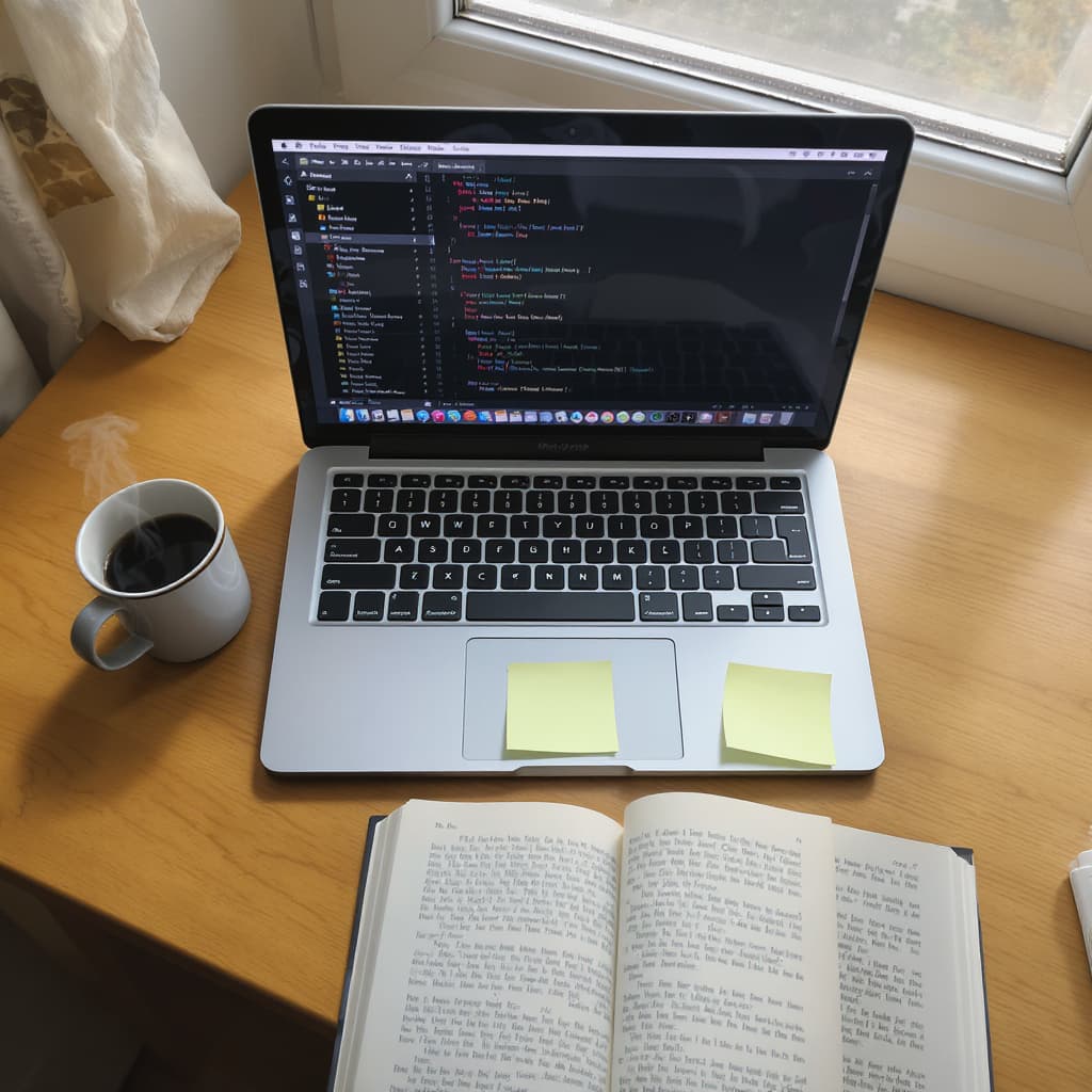 A small desk at window light on a Saturday morning, with an open laptop alongside a chipped coffee mug and scattered notes.
